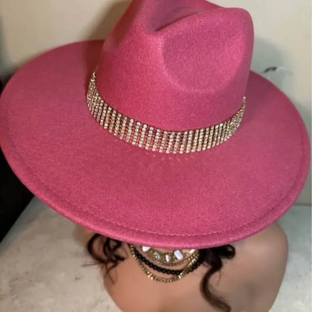 NEW Women’s Coachella Fedora Style Wide Brim Dark Rose W/Rhinestone Hat
